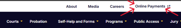 Screenshot of main navigation menu with Online Payments highlighted with red arrows pointing to it.