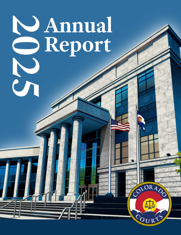 Illustration image of Ralph Carr Building with text 2025 Annual Report and Colorado Courts Logo