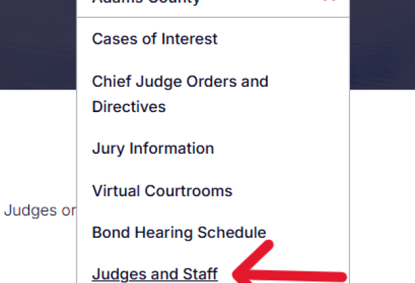 Screen shot of Section Menu with an arrow pointing to Judges and Staff.