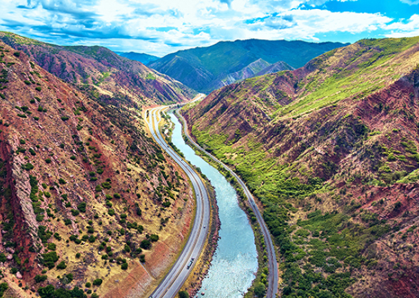 Aerial view of Colorado River in Colorado mountains